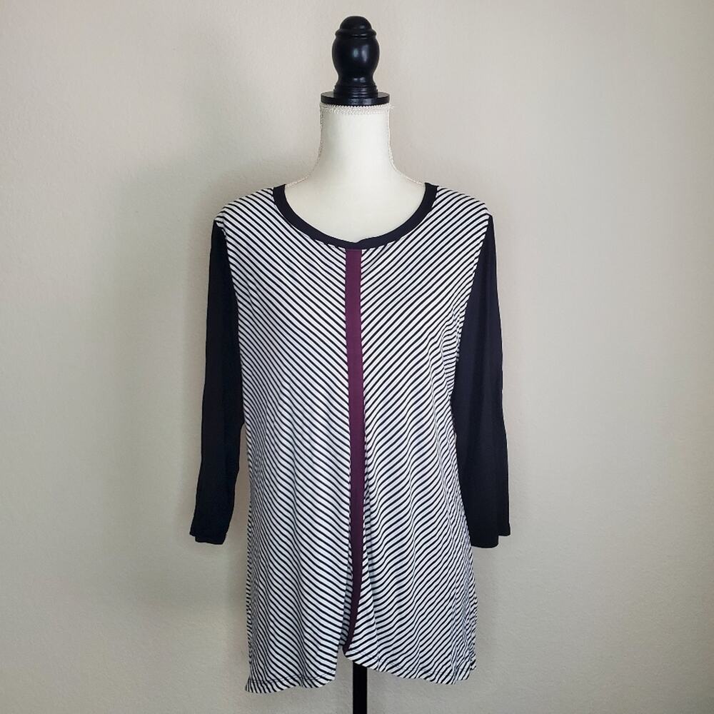 Chico's Royal Bordeaux Miter Striped 3/4 Sleeve Top Large